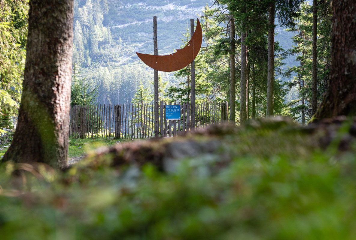 Ein Highlight des Weges: Die künstlerische Mondskulptur von Alois Tösch, die Natur und Fantasie verschmelzen lässt.